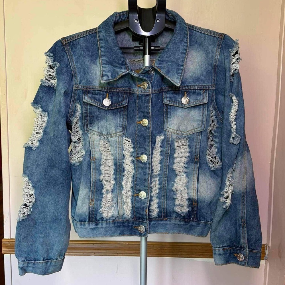 BAZI 2X Distressed Denim Trucker Jacket Blue Heavily Ripped Streetwear Punk